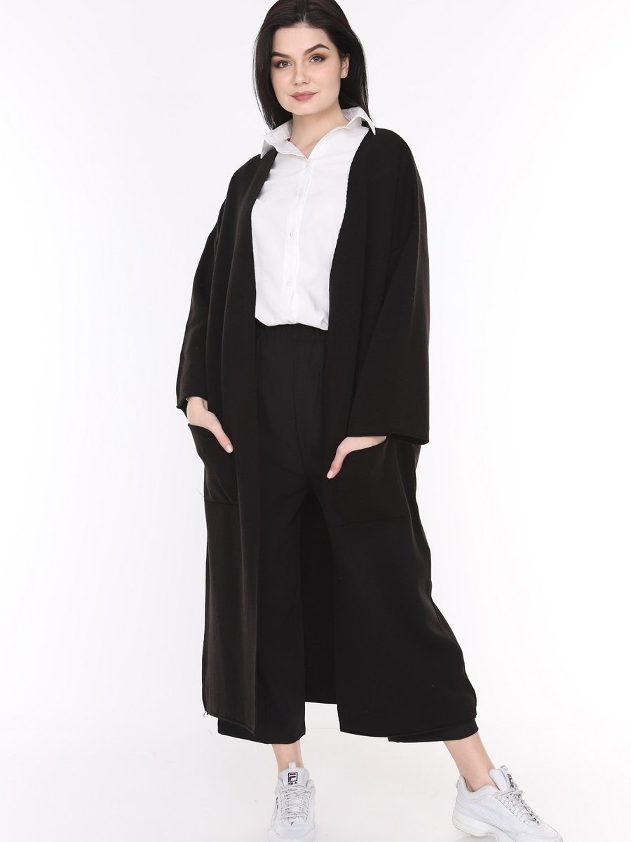 İlmek Siyah Kışlık Kimono Kol Cepli V Yaka Hırka