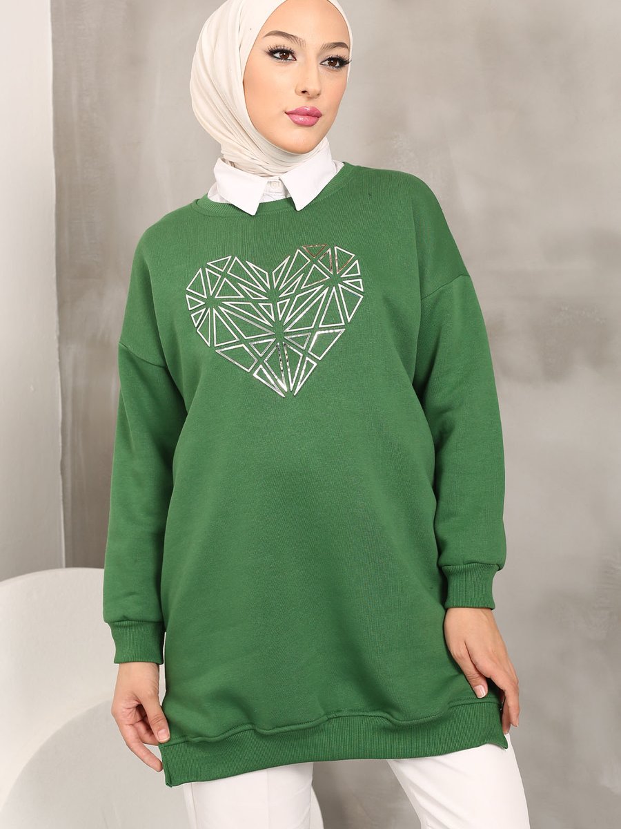 İmajbutik Zümrüt Yeşili Üç I?plik Şardonlu Baskılı Sweatshirt