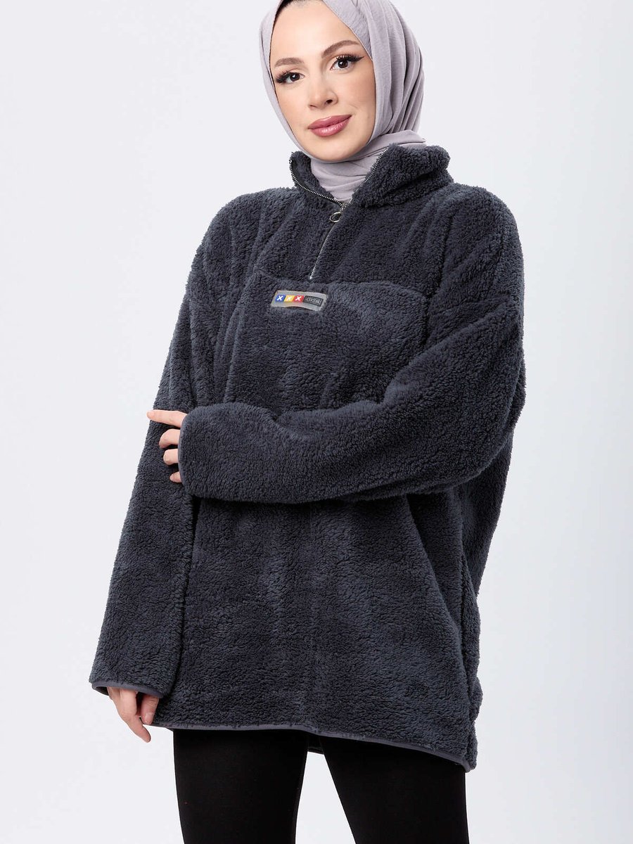 Tofisa Antrasıt Yarım Fermuarlı Peluş Sweatshirt