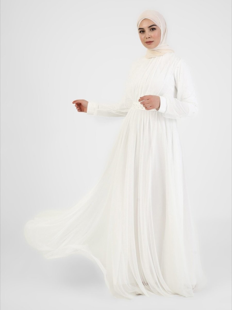 Tavin İnci Detaylı Tüllü Abiye Elbise Beyaz
