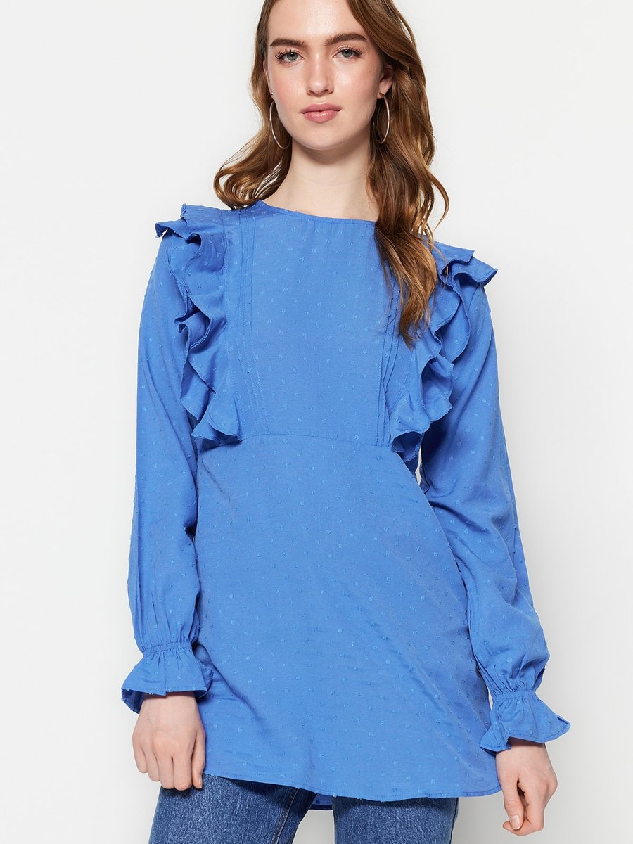 Trendyol Modest Mavi Volanlı Ponpon Kumaş Pamuklu Tunik