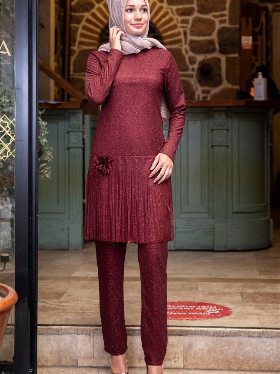 Sure Tesettür Bordo Pırıl Simli Takım