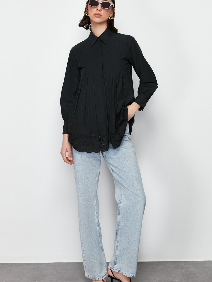 Trendyol Modest Siyah Brode Detaylı Pamuklu Dokuma Gömlek