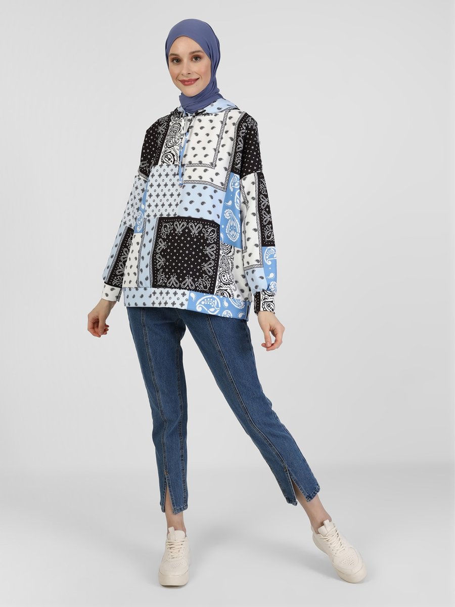 Benin Mavi Patchwork Desenli Kapüşonlu Tunik