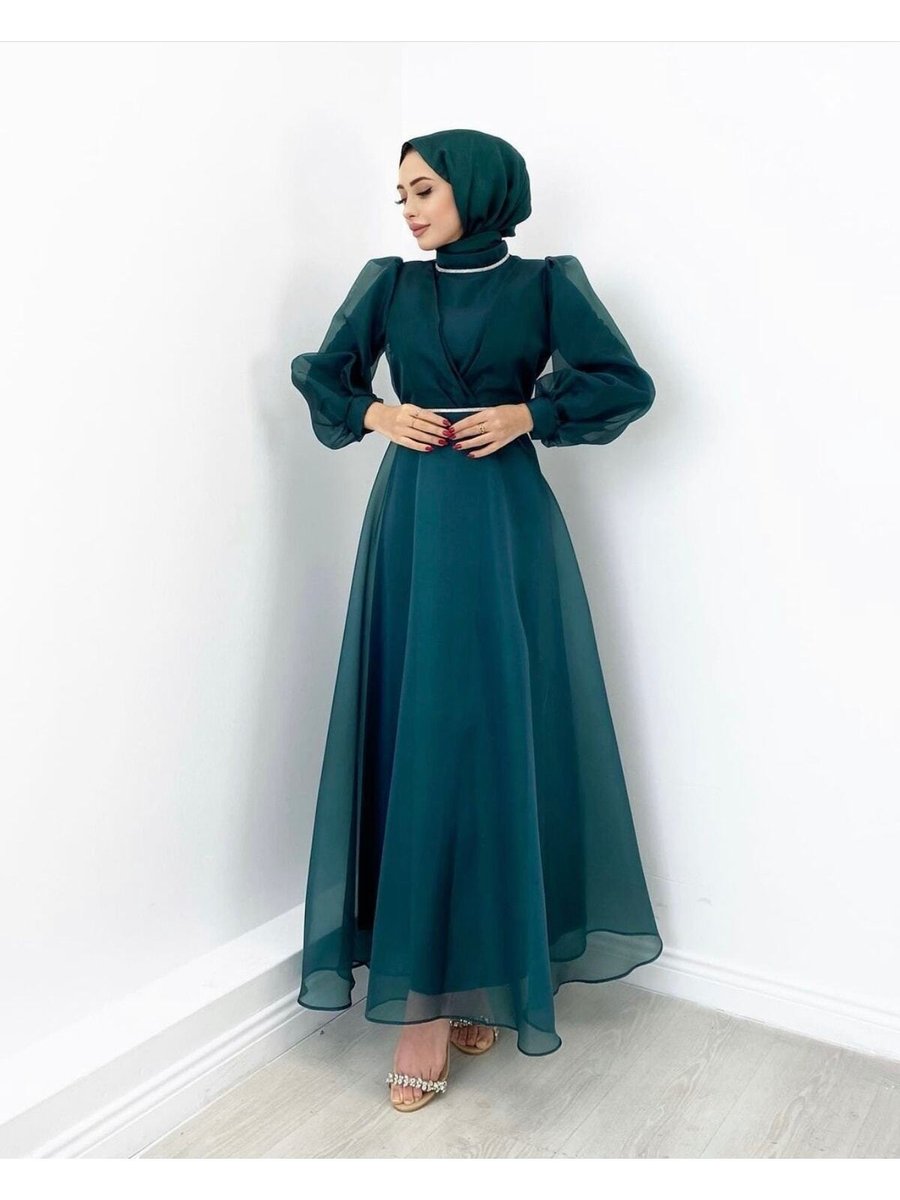 Merveplume Tül Abiye Elbise Yaka Ve Beli Taşlı Tasarım Moda Düğün Şıklığı – Yeşil