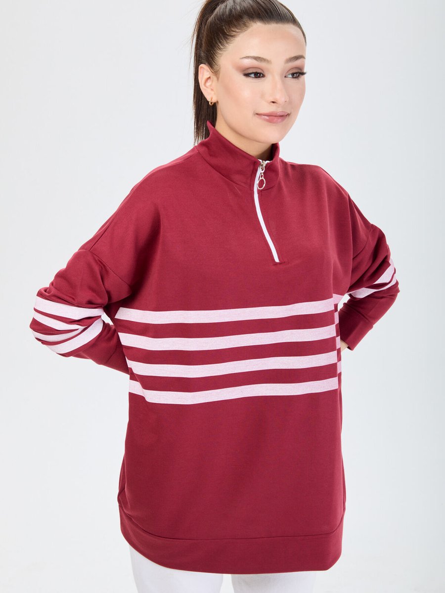 Tofisa Bordo Yakası Fermuarlı Çizgi Desen Sweatshirt