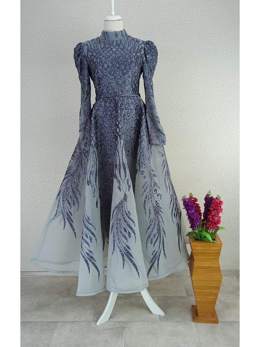Suenna Önü Arkası Simli Balon Kol Bel Kemerli Prenses Model Tasarım Qys Abiye Elbise