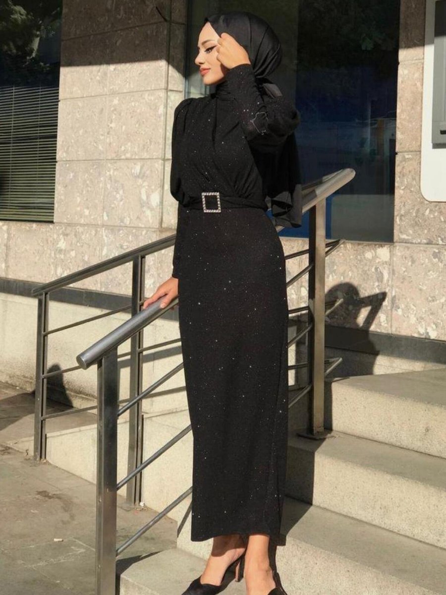 Şule Giyim Kendinden Simli Taş Kemerli Abiye Elbise Siyah