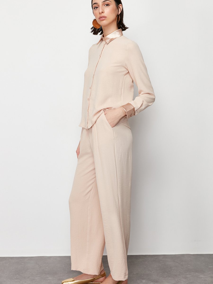 Trendyol Modest Vizon Saten Detaylı Dokuma Aerobin Gömlek Pantolon Alt Üst Takım