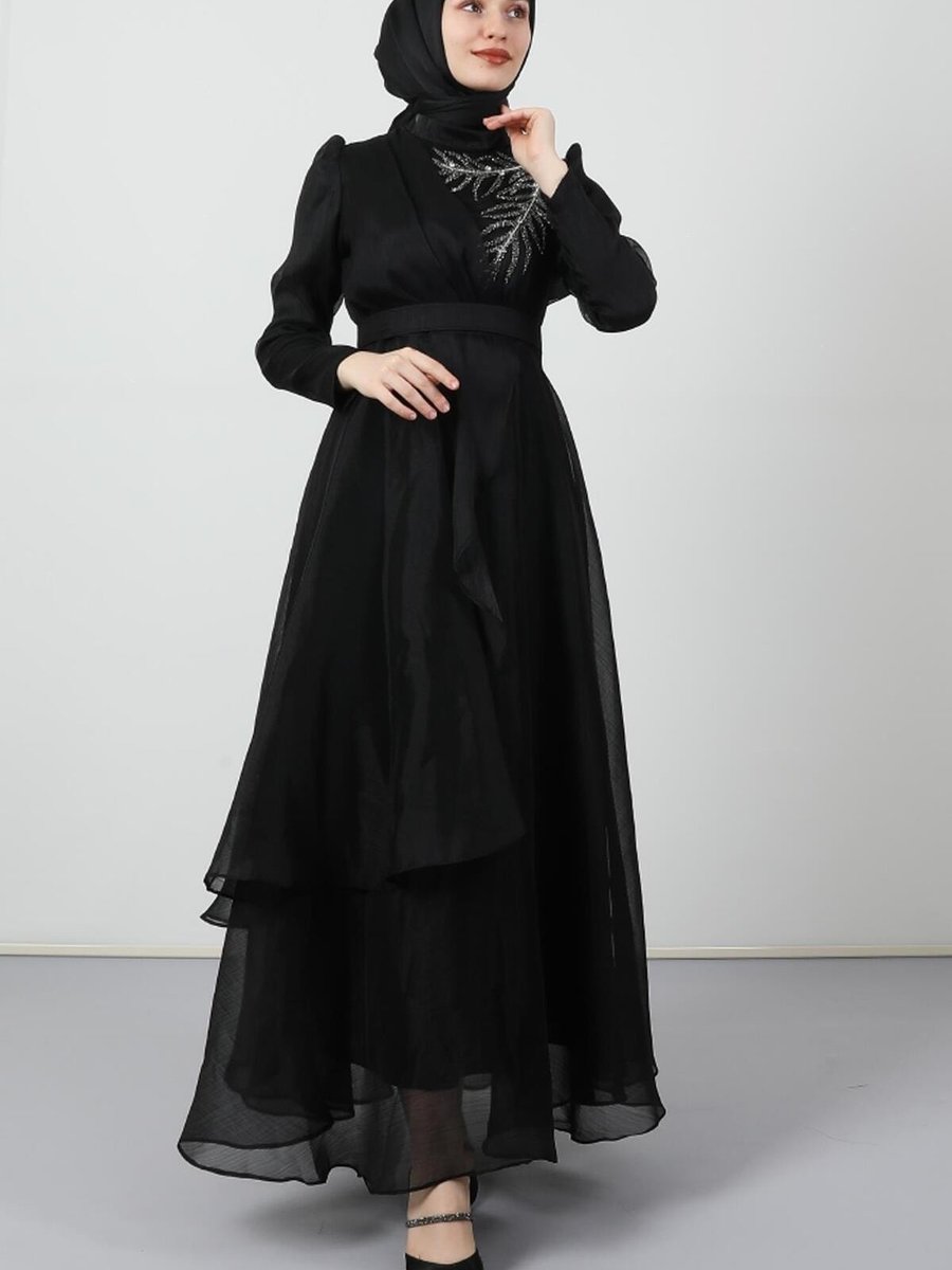 Giz Astore Taşlı Organze Abiye Elbise Siyah