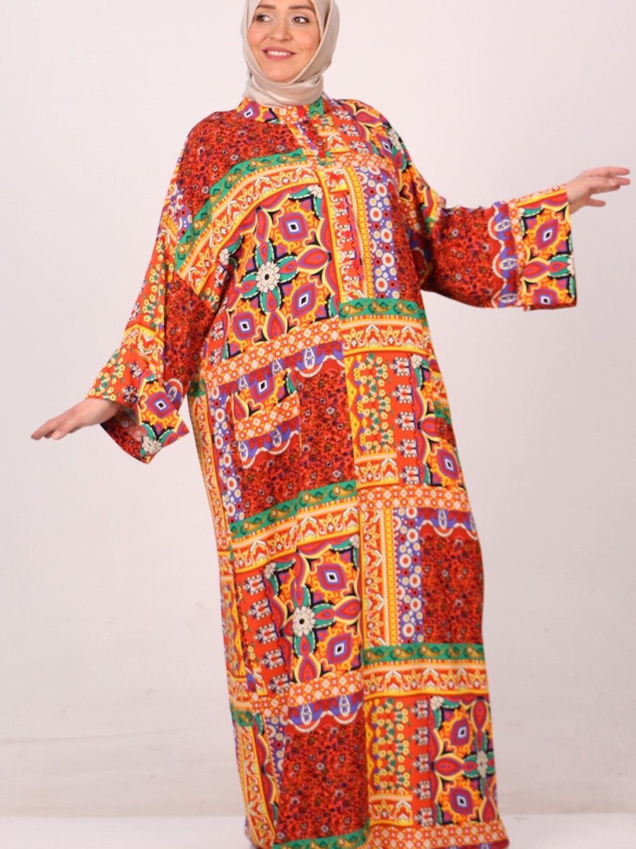 Moda Rosa Etnik Desen Oranj Büyük Beden Hakim Yaka Desenli Viskon Elbise