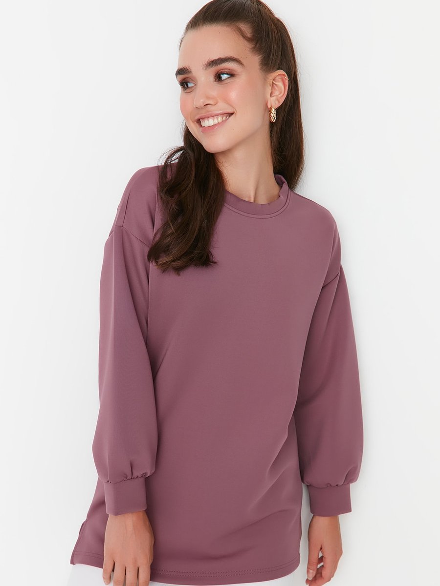Trendyol Modest Mürdüm Bisiklet Yaka Basic Örme Sweatshirt
