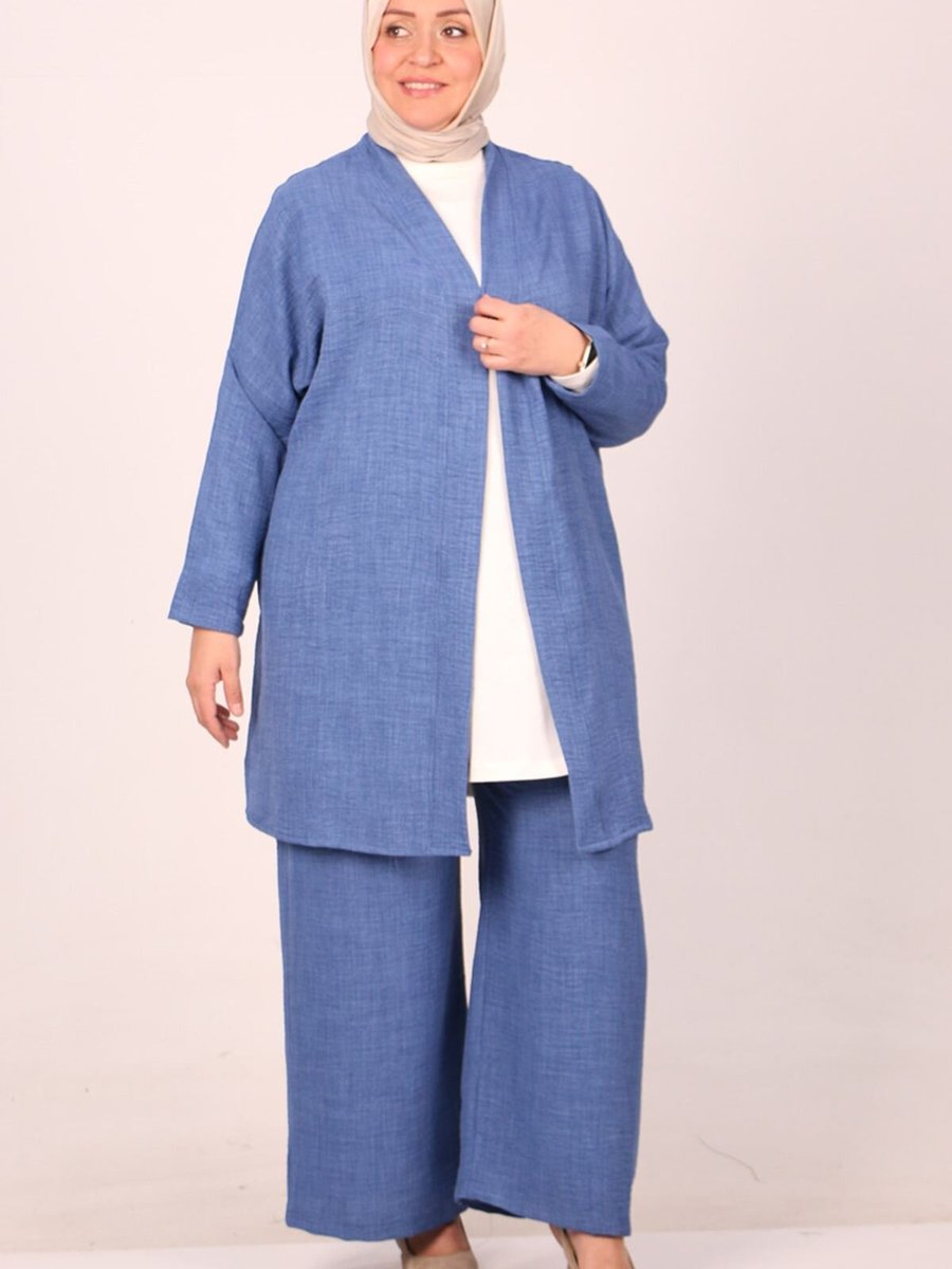 Moda Rosa İndigo Büyük Beden Airobin Kimono Pantolonlu Takım
