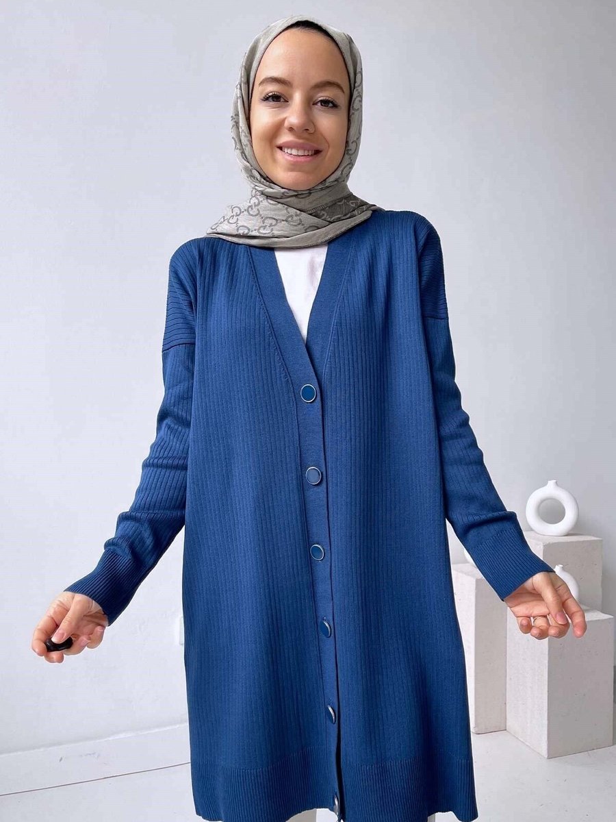 Ka Hijab Button Fitilli Merserize Hırka Petrol Mavi