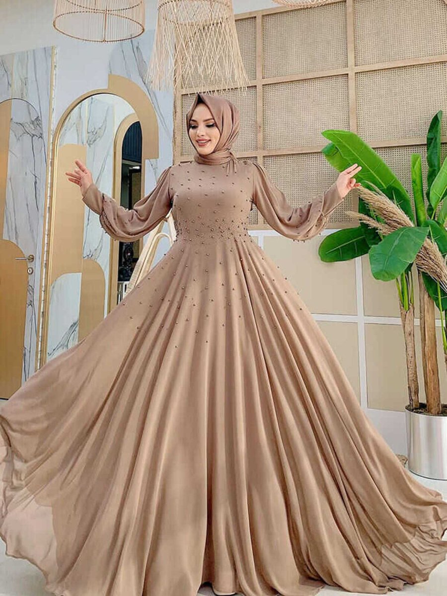 Bym Fashion Balonkol Görünümlü İncili Astarlı Şifon Abiye Elbise Vizon