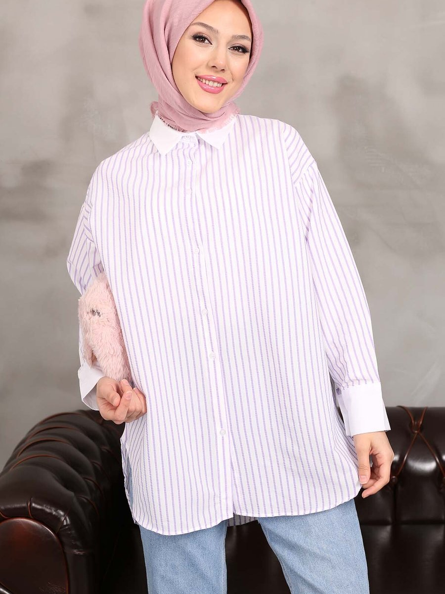 İmajbutik Lila Çizgili Yırtmaçlı Gömlek
