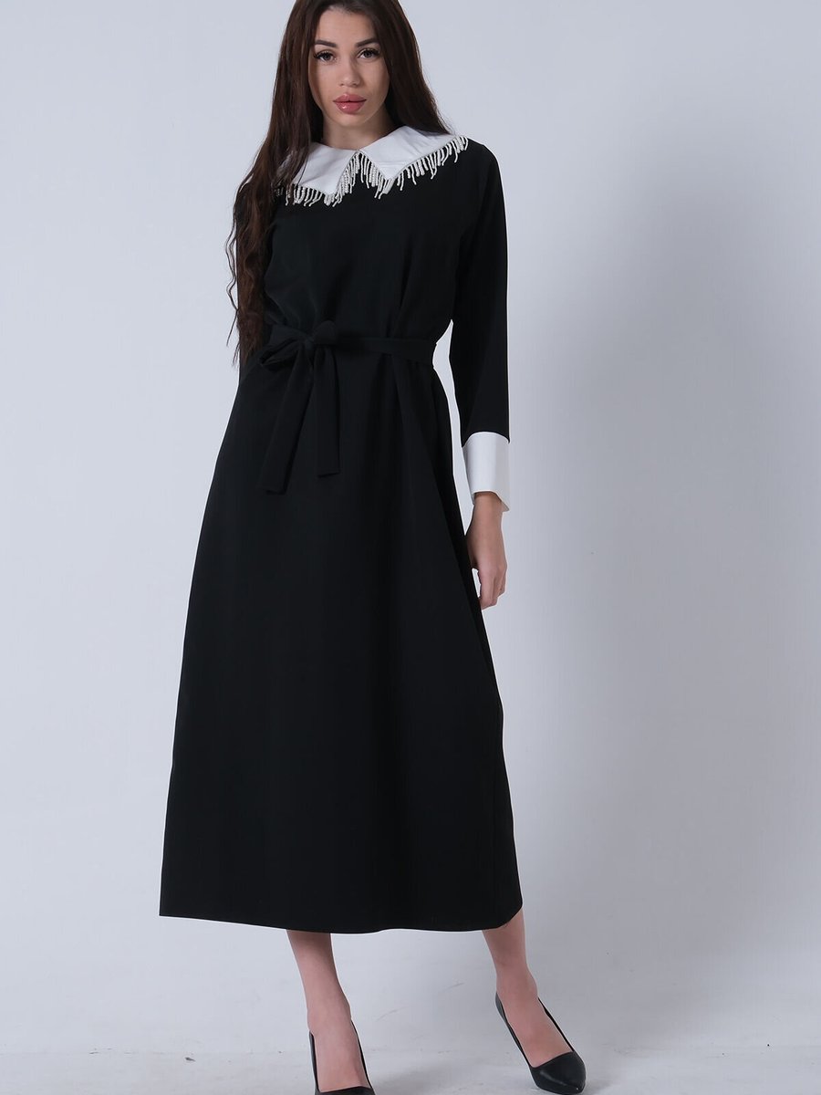 Ardanewline Siyah Yaka Manşet Garnili İnci Saçak Detaylı Elbise