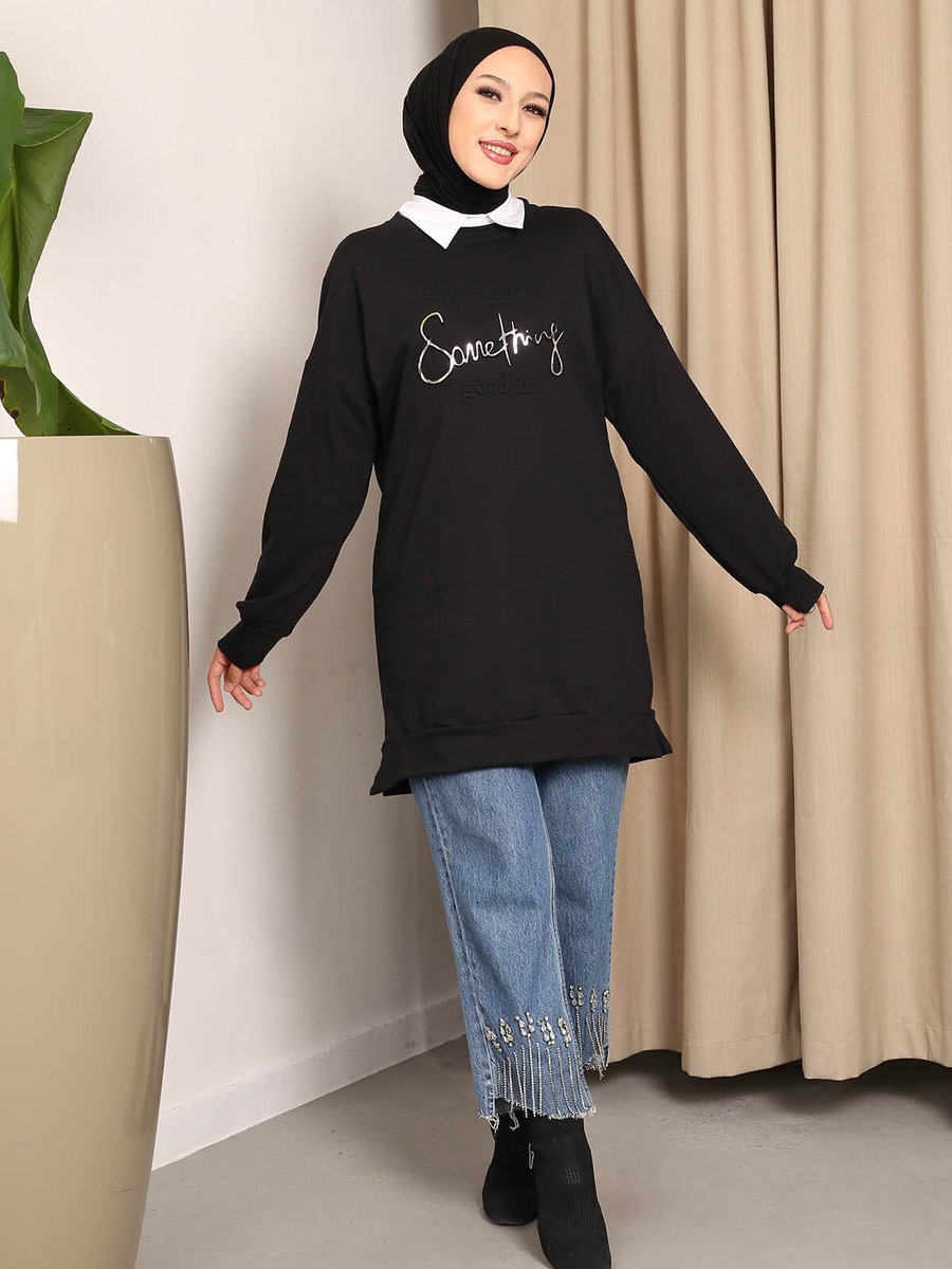 İmajbutik Siyah Baskılı İki İplik Sweatshirt