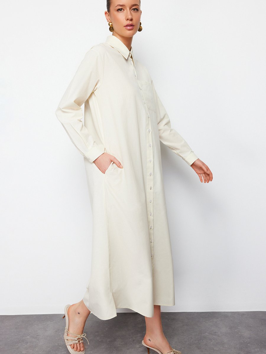 Trendyol Modest Bej Cepli Dokuma Gömlek Elbise
