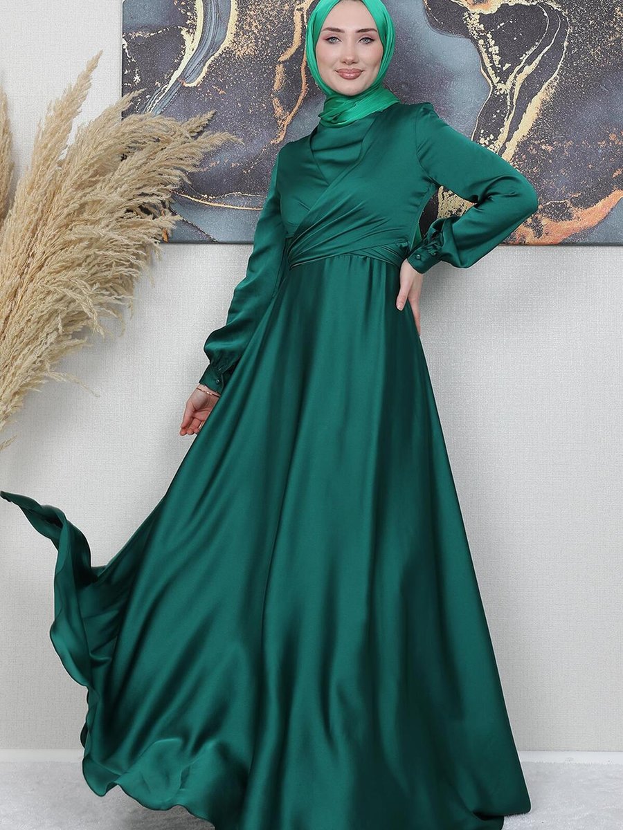 Giz Astore Göğüs Detay Çapraz Kuşak Abiye Elbise Koyu Yeşil