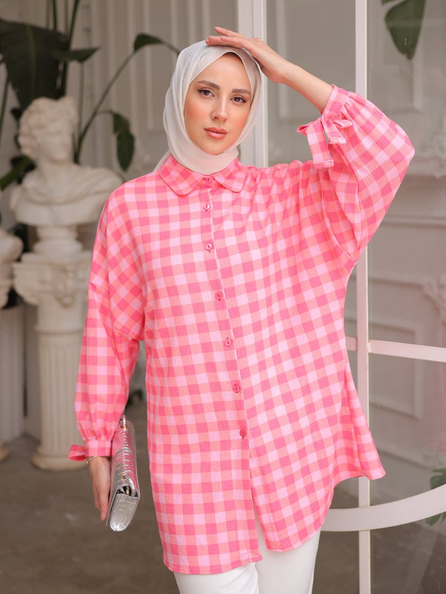 İmajbutik Pembe Kol Bağlamalı Kareli Bürümcük Tunik