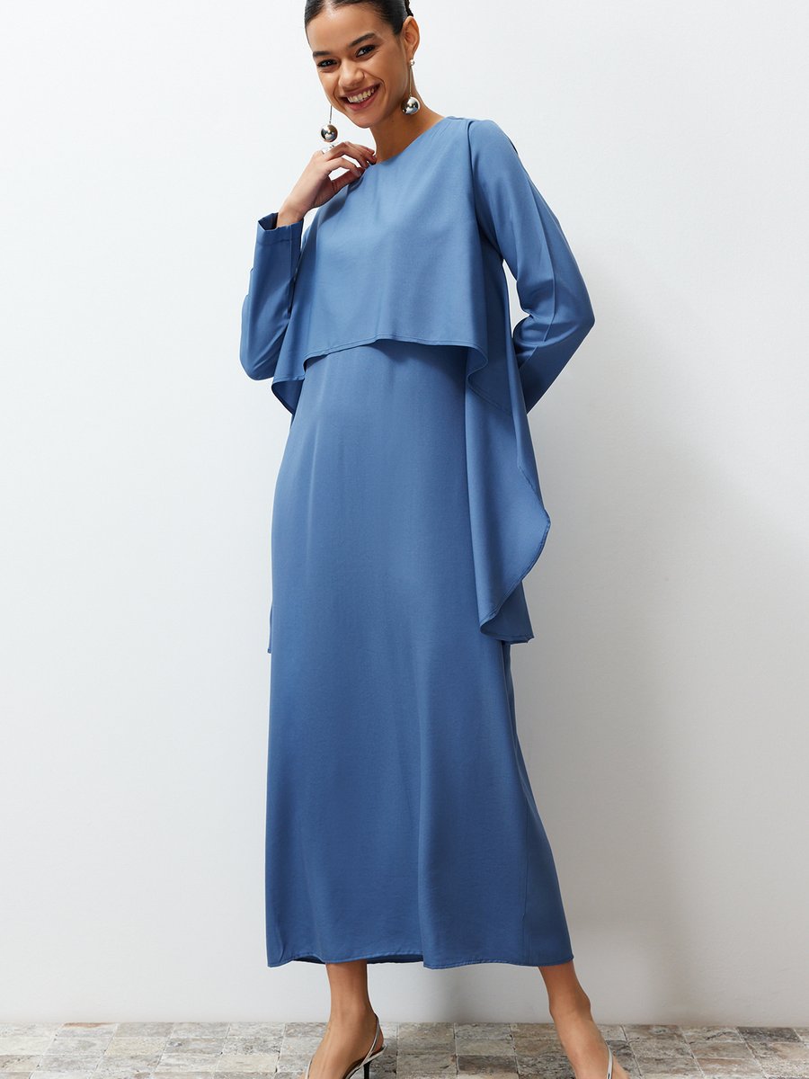 Trendyol Modest Mavi Düz Aller Detaylı Dokuma Elbise