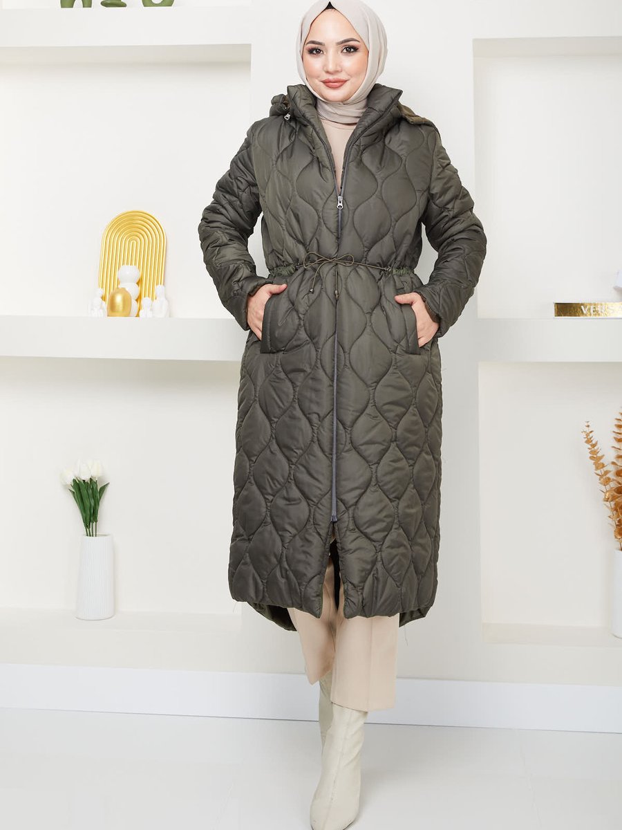 İmajbutik Haki Kapüşonlu Bel Büzgülü Kapitone Mont