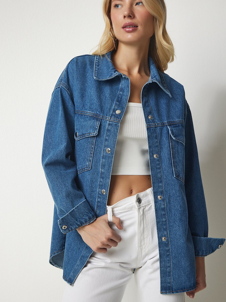 Happiness İstanbul Mavi Cepli Oversize Denim Ceket