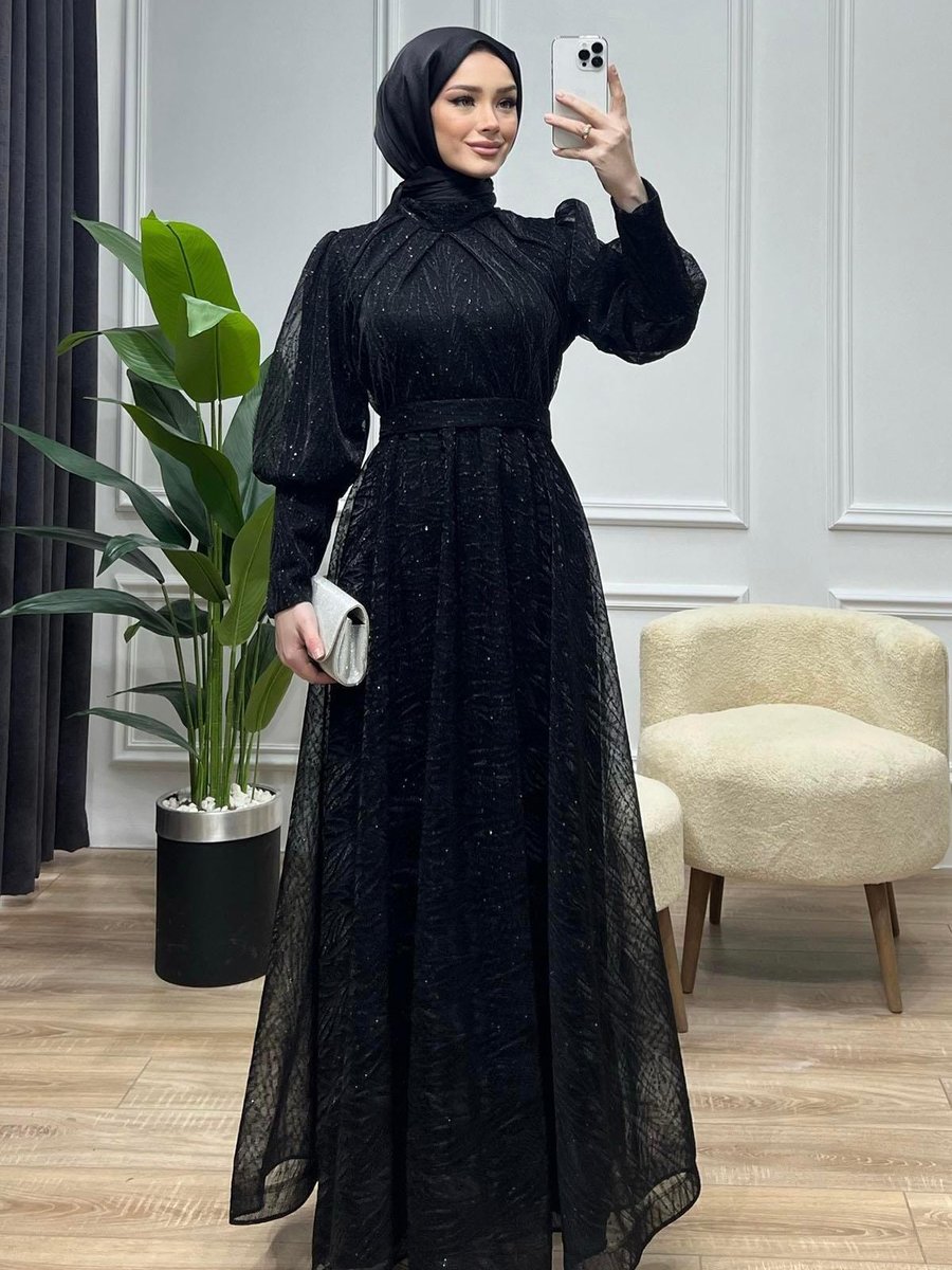 Modaensarbutik Desenli Sim Detaylı Tül Abiye Elbise Siyah