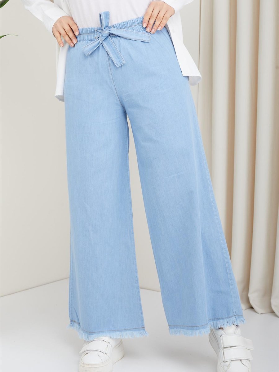 Hafsamina Bol Paça Beli Lastikli Bağcık Detaylı Kot Pantolon Açık Mavi