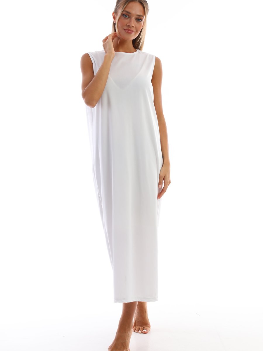 Segiza Uzun Kolsuz Elbise Astarı Içlik Jüpon Kombinezon Beyaz