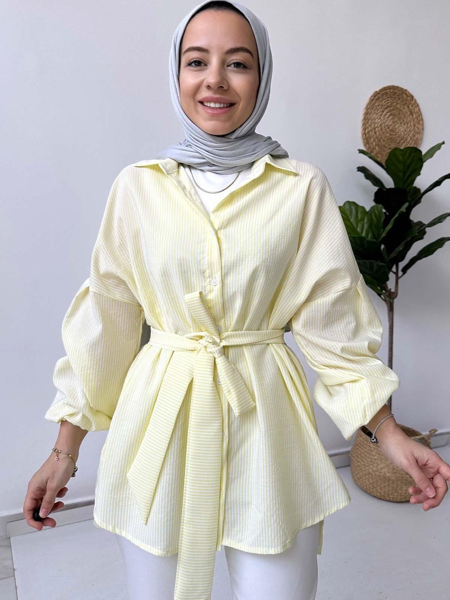 Ka Hijab Balon Kol Çizgili Gömlek Sarı