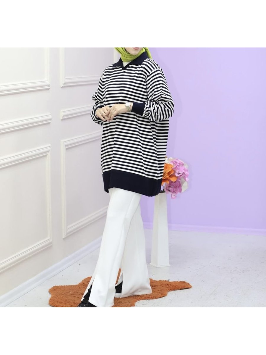 Aden Aydın Siyah Beyaz Çizgili Oversize Kesim Polo Yaka Sweatshirt Tunik