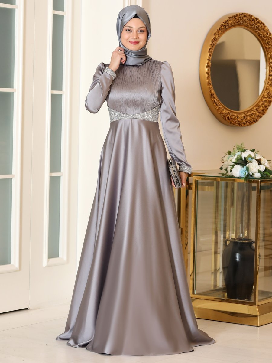 Azra Design Gümüş Rengi Gülfem Abiye Elbise