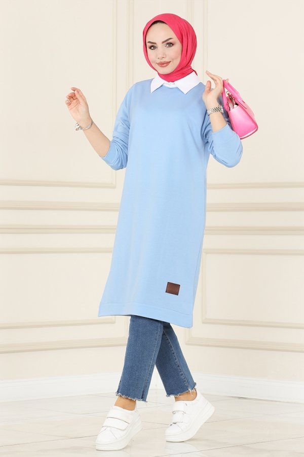 Moda Selvim Buz Mavisi Arma Detaylı Basic Tunik Moda Selvim Buz Mavisi Arma Detaylı Basic Tunik