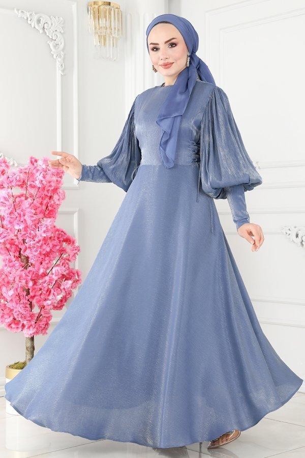 Moda Selvim Mavi Yandan Bağlamalı Simli Saten Abiye Elbise