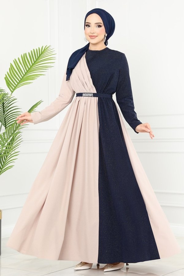 Moda Selvim Vizyon & Lacivert Çift Renkli Kemerli Elbise