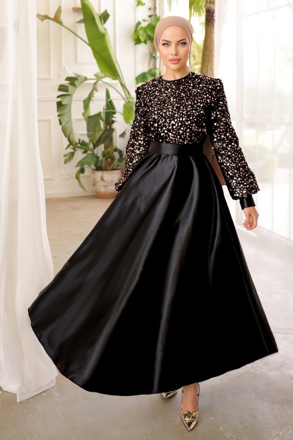 Moda Selvim Siyah & Bakır Pul Detaylı Saten Abiye Elbise