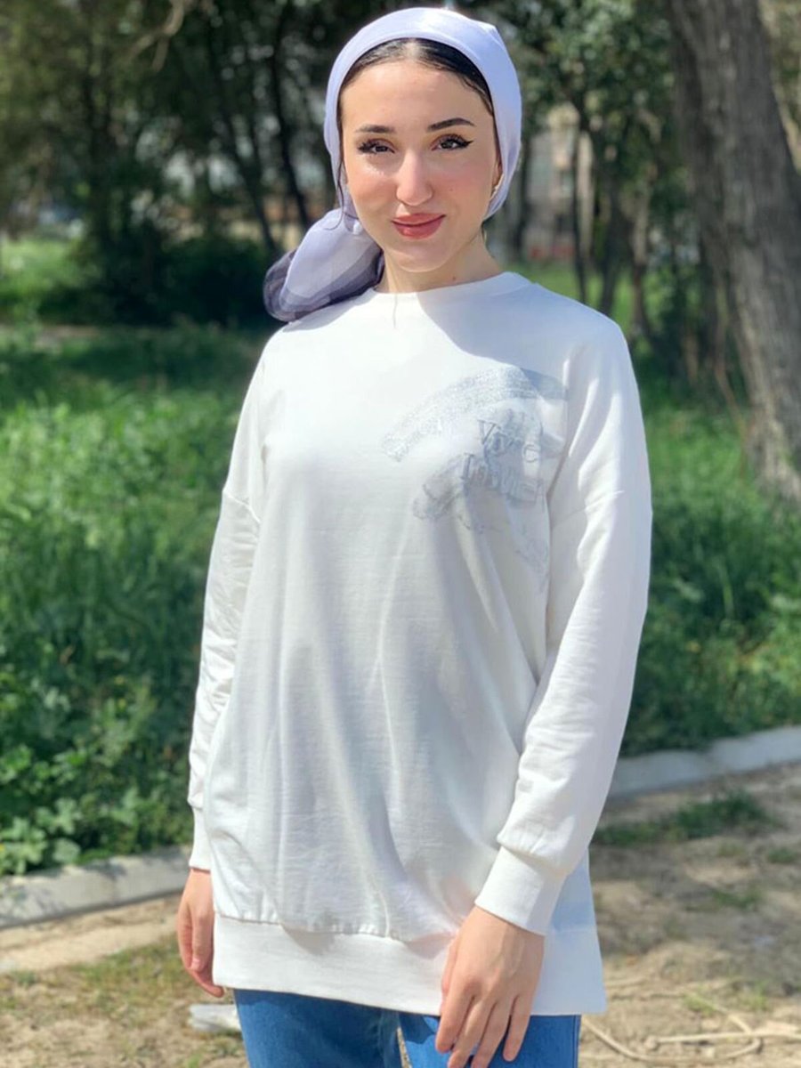 Moda Rosa Ekru/gümüş Yazı Kabartmalı Sweat