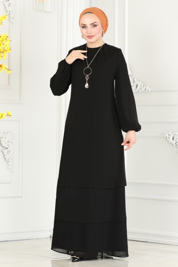 Moda Selvim Siyah Kolyeli Şifon Elbise
