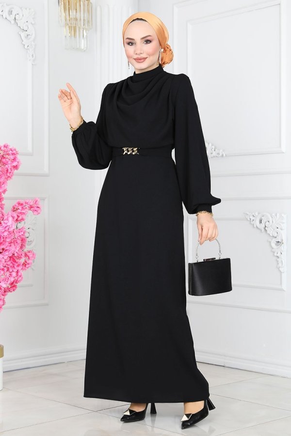 Moda Selvim Siyah Degaje Yaka Kemerli Elbise