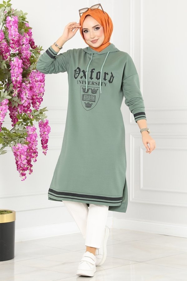 Moda Selvim Mint Yazı Baskılı Spor Tunik