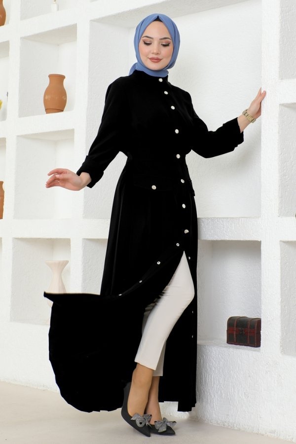 Moda Selvim Siyah Eteği Piliseli Krep Elbise