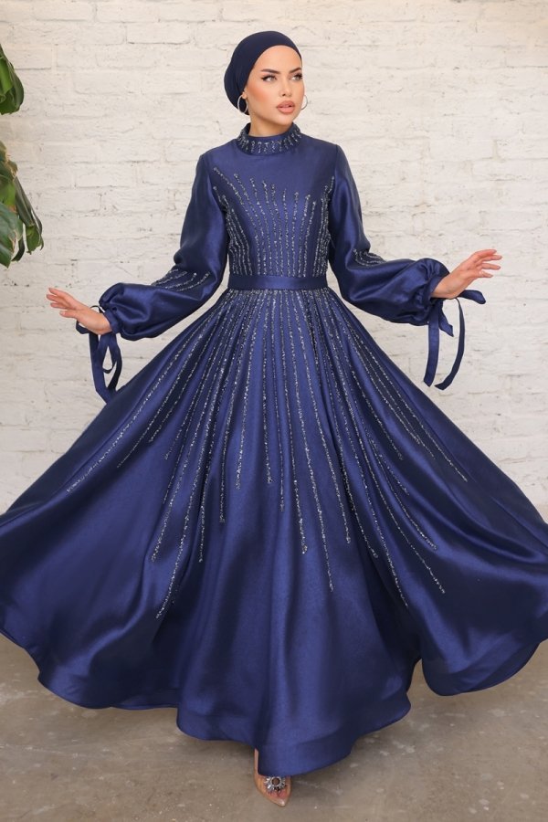 Moda Selvim Lacivert Sual Taş Detaylı Kemerli Abiye Elbise