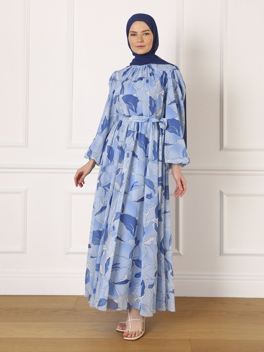 Refka Mavi Çiçek Desenli Astarlı Şifon Elbise