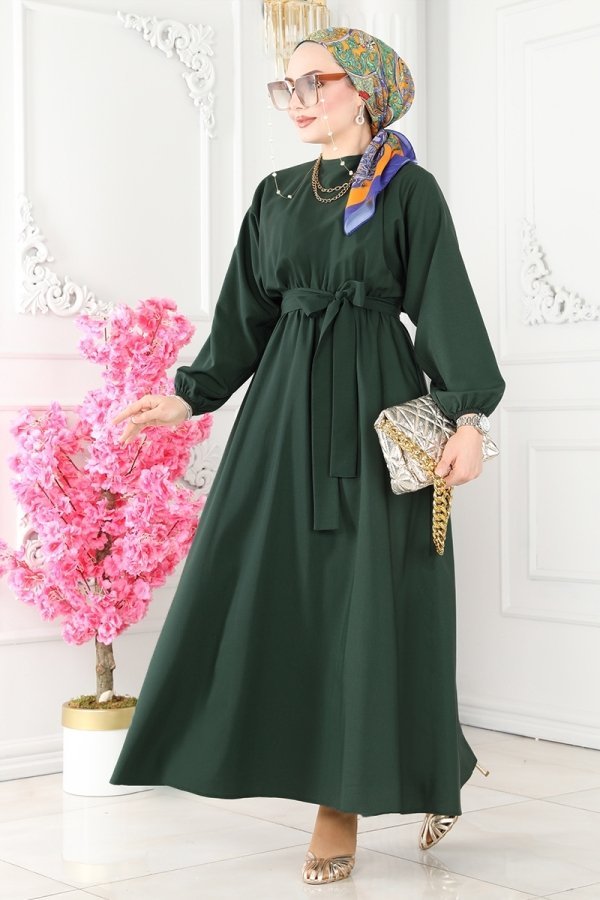 Moda Selvim Nefti Yeşili Beli Lastikli Terikoton Elbise
