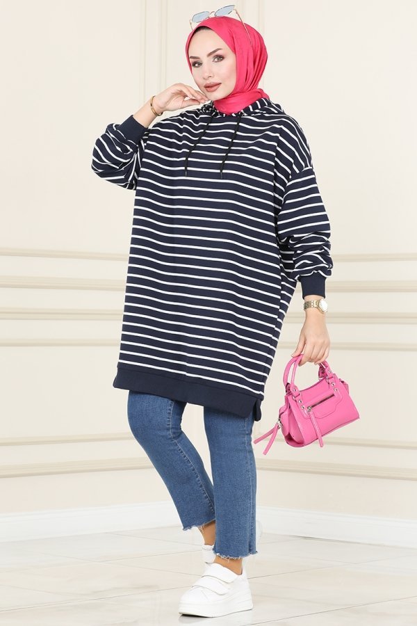 Moda Selvim Lacivert Çizgili Oversize Sweatshirt