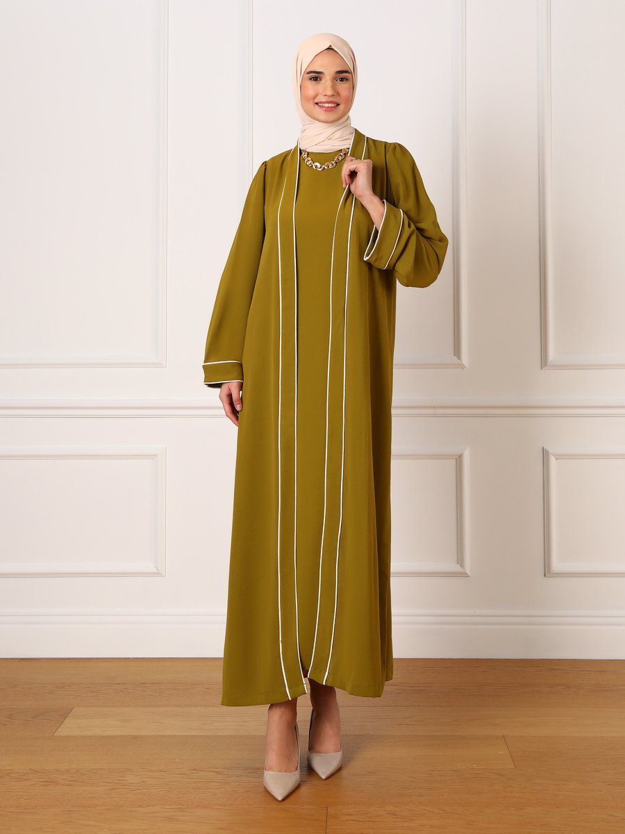 Refka Biye Detaylı Ferace & Elbise İkili Takım Yağ Yeşili