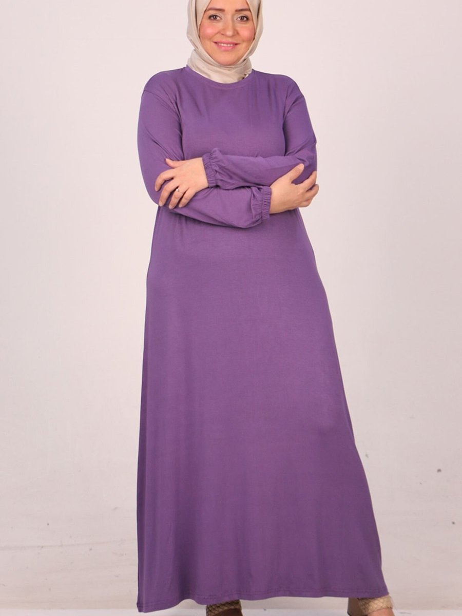 Moda Rosa Leylak Büyük Beden Kolu Lastikli Penye Elbise