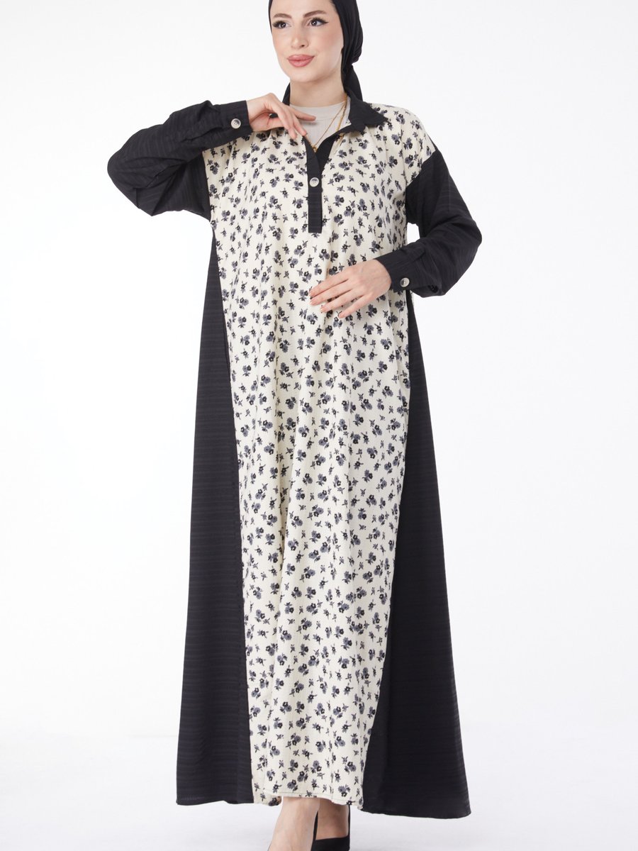 Tofisa Düz Yaka Siyah Desenli Salaş Gömlek Elbise Tofisa Düz Yaka Siyah Desenli Salaş Gömlek Elbise